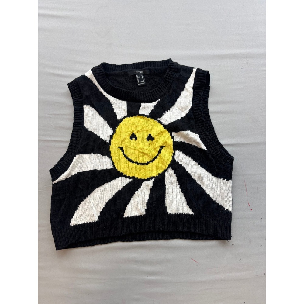 Forever 21 Smiley Face Sunburst Knit Sweater Vest Black White Yellow Medium